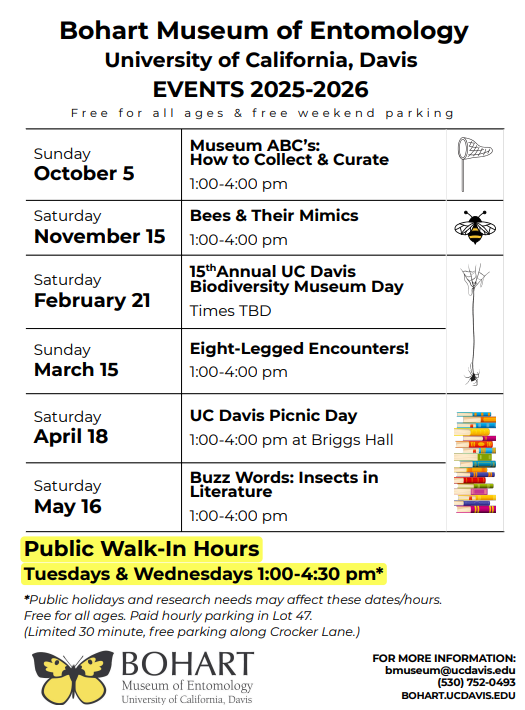 Dates of open houses for the Bohart Museum of Entomology