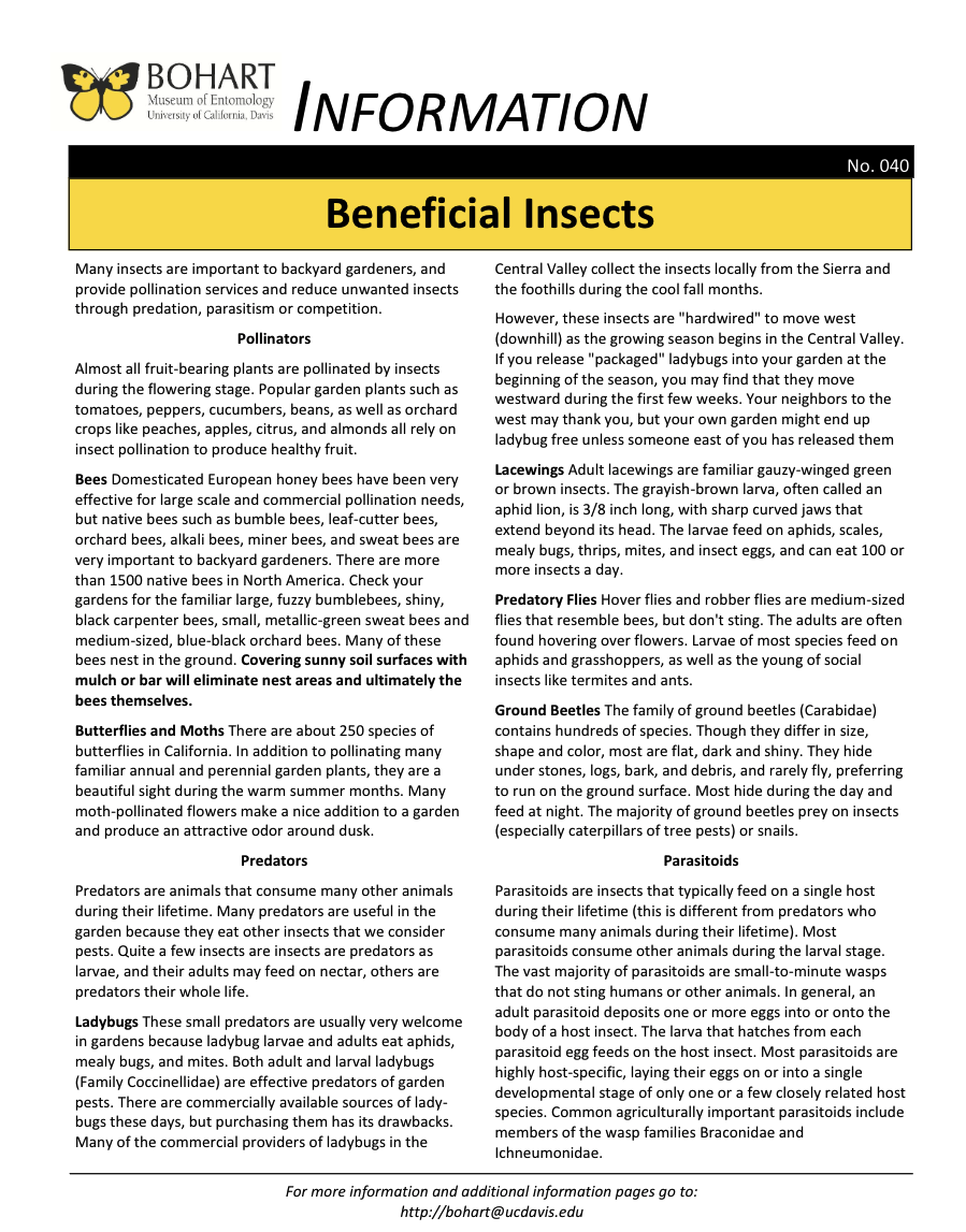 Beneficial insect fact sheet created by the Bohart Museum of Entomology