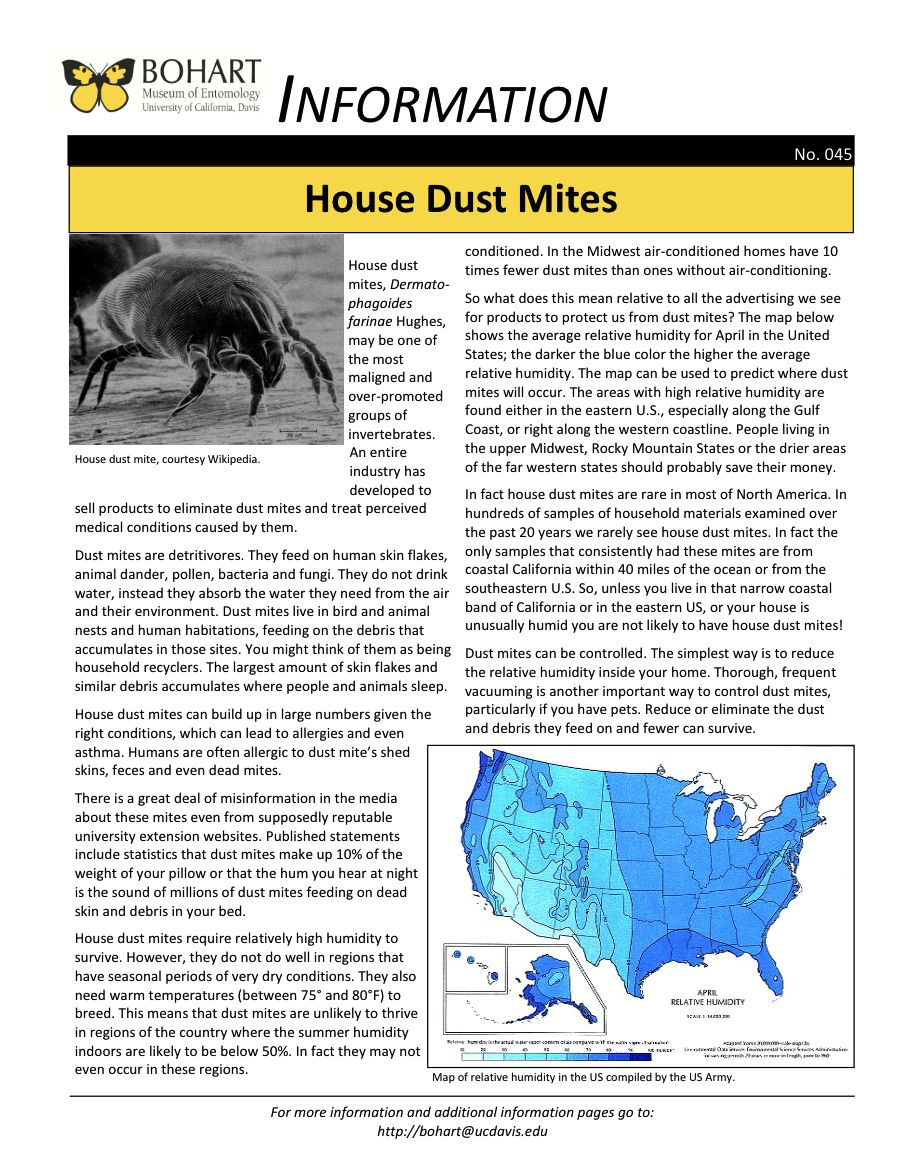 House dust mite fact sheet created by the Bohart Museum of Entomology