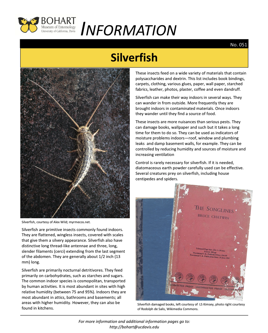 Silverfish fact sheet created by the Bohart Museum of Entomology