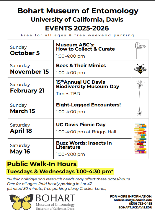 Dates of open houses for the Bohart Museum of Entomology