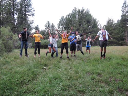 BBC 2.0 campers jumping for joy at Sagehen Creek Field Station in the Sierra Nevada mountains near Truckee, CA.